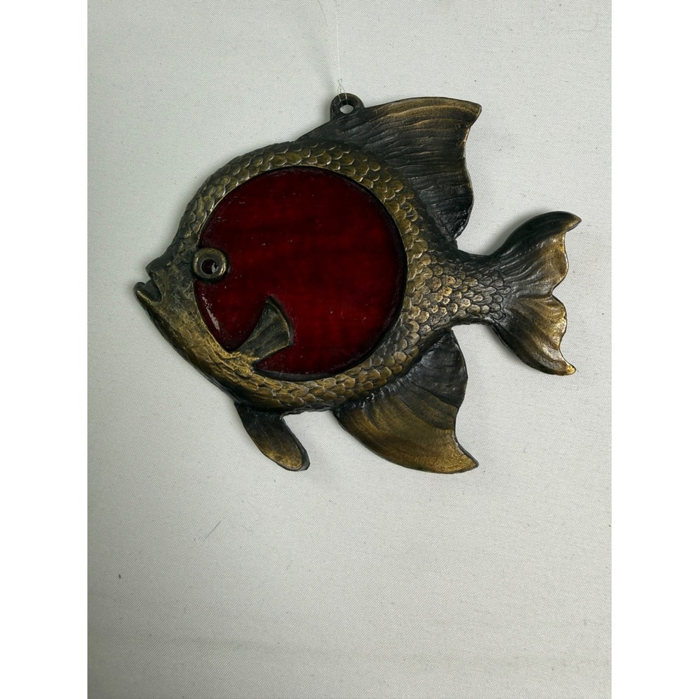 Vintage 1976 Heritage Arts Bronze Fish Suncatcher Red Glass Center Wall Decor
